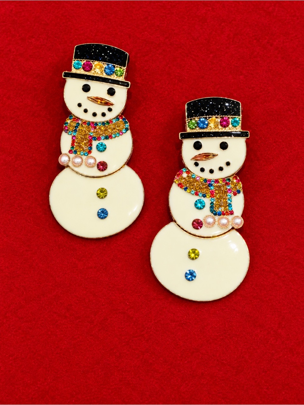 Jeweled Snowman Statement Earrings – Gold Tone Holiday Christmas Earrings 2 3/4